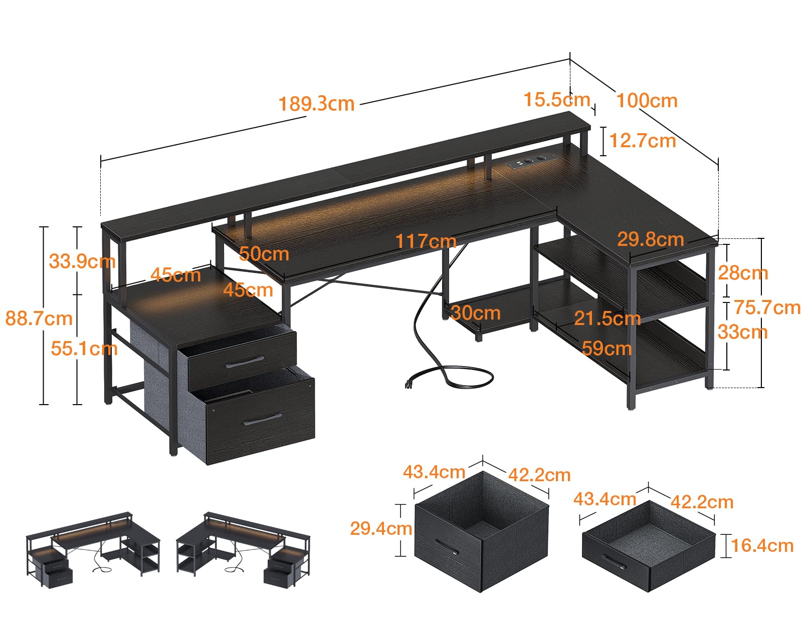 ODK Bureau d’Angle en L avec Rangement et Tiroirs, 189.3×100cm Grand Bureau Gaming Réversible avec Prise de USB et Prises Courant, Table Informatique pour Chambre ou Coin Travail, Noir