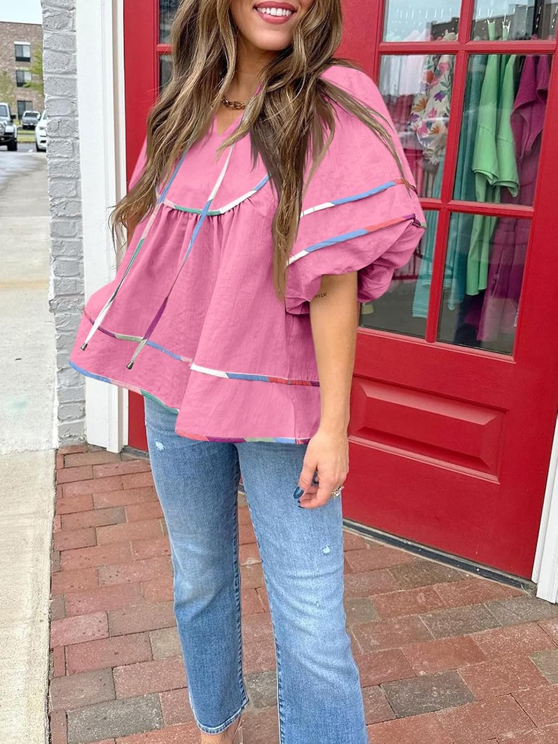 Cicy Bell Womens Summer Babydoll Tops V Neck Short Lantern Sleeve Shirts Cute Loose Fit Peplum Flowy Blouses - Image 4