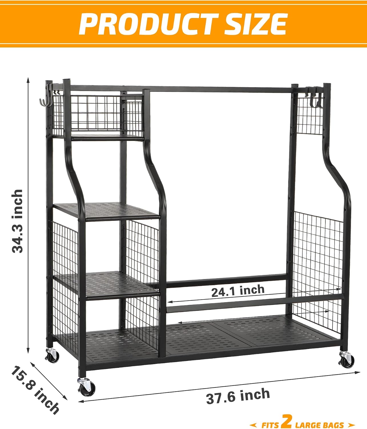 PLKOW Golf Bag Storage Garage Organizer Fits for 2 Golf Bags and Golf Accessories, Extra Large Size Golf Bag Storage Stand and Golf Equipment Rack for Garage, Shed, Basement