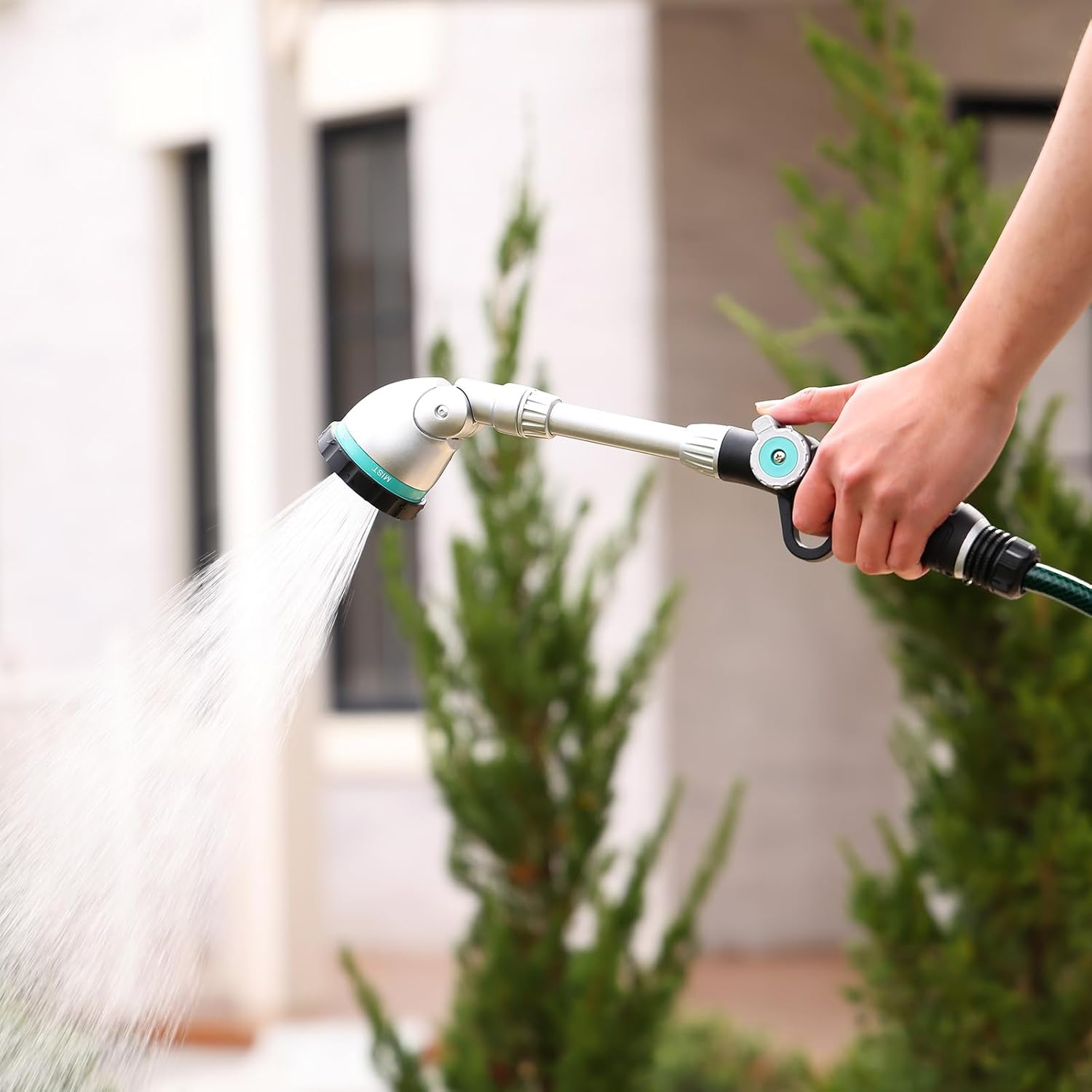 QUOBAS 16 Inch Watering Wand, Heavy Duty Garden Hose Sprayer with 90° Adjustable Head, Thumb Control & 6 Spray Patterns,Long Reach Hose Nozzle for Hanging Plants, Lawn, Garden & Outdoor Cleaning
