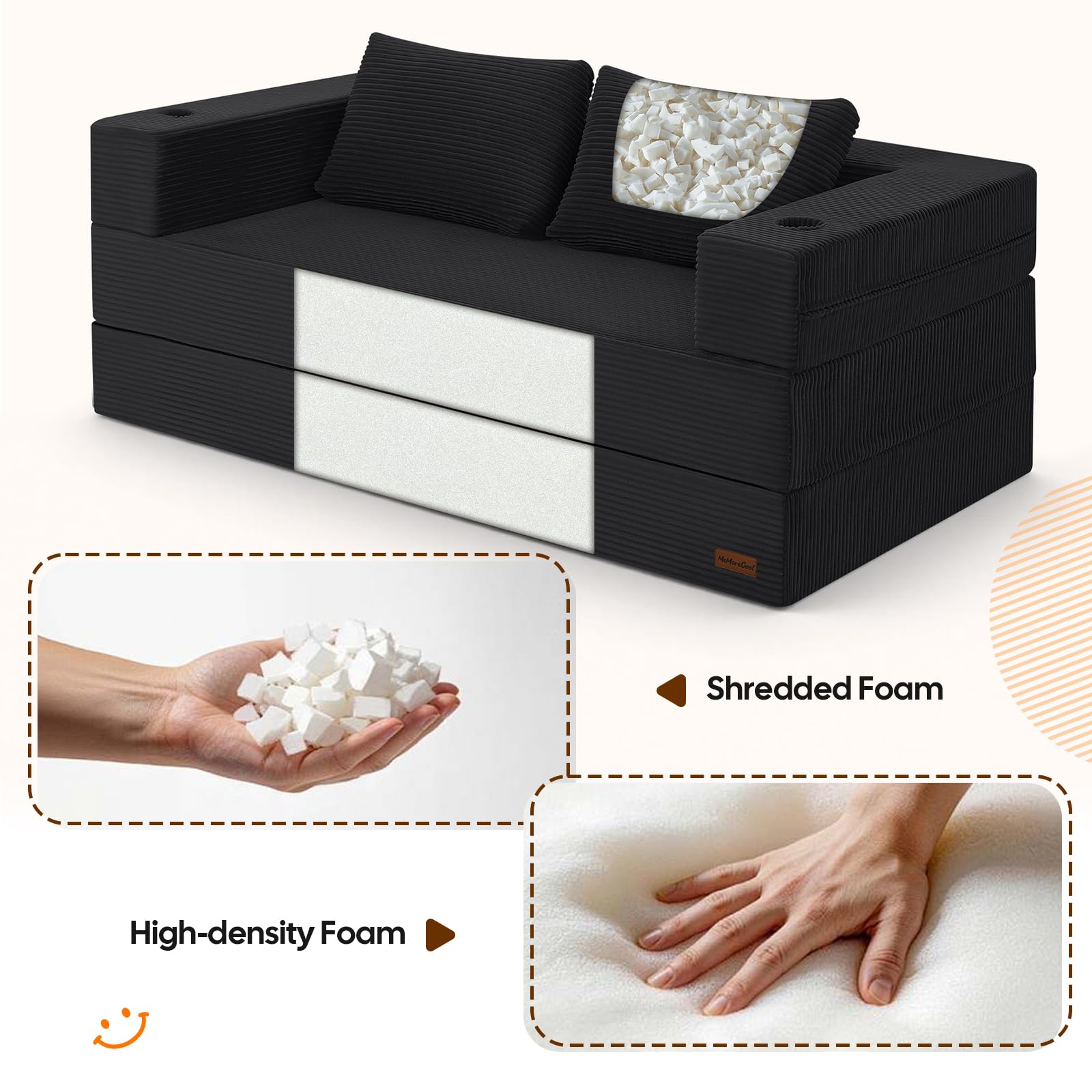 MeMoreCool Boneless Sofa Bed Queen, 94x59 in Extra Long Futon, Black | Folds out to a 94 in bed, longer than a queen mattress