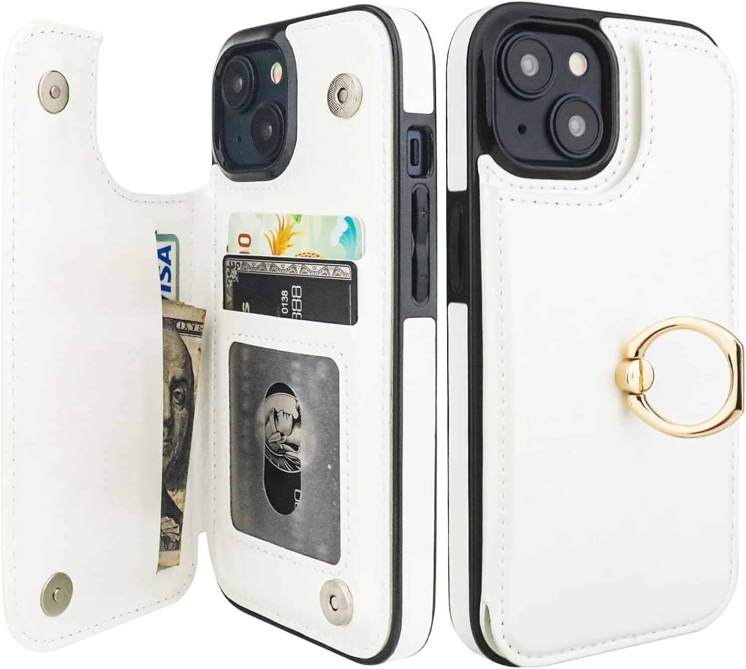 ONETOP for iPhone 15 Wallet Case with Card Holder, 360° Rotation Ring Kickstand RFID Blocking PU Leather Double Magnetic Clasp Shockproof Cover for Women and Girls 6.1 Inch (White)