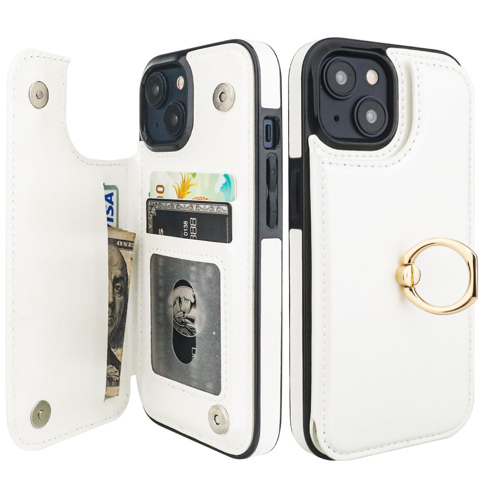 Onetop for iPhone 15 Wallet Case with Card Holder, 360° Rotation Ring Kickstand RFID Blocking PU Leather Double Magnetic Clasp Shockproof Cover for Women and Girls 6.1 Inch (White)
