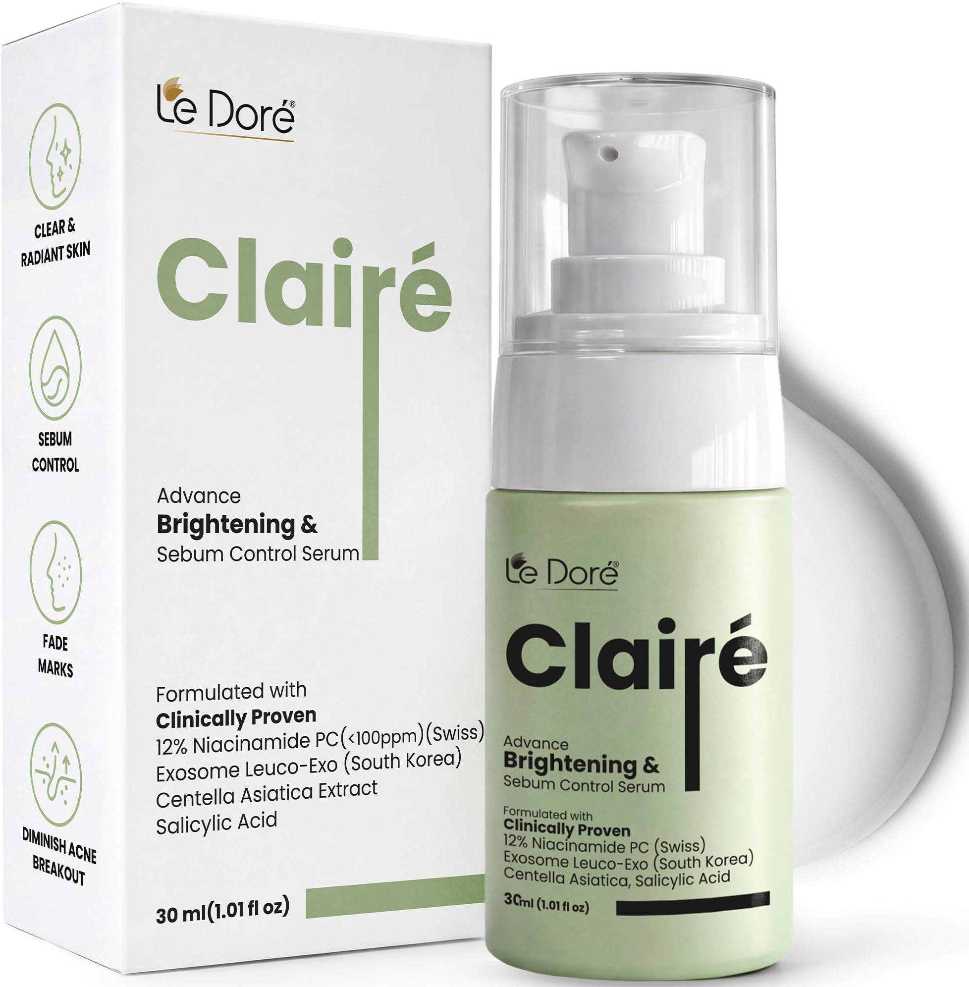 Le Dore Claire 12% Niacinamide Serum | With Vitamin K, Hyaluronic Acid, Zinc PCA & Green Tea | Oil Control & Anti-Acne Formula for Marks, Blemishes & Pores | For Oily & Blemish-Prone Skin | 30ml