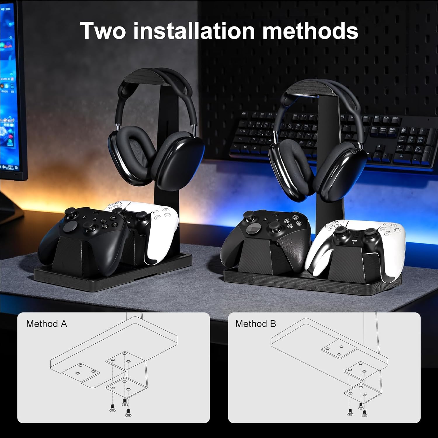 UPERGO Headset Stand with 2 Controller Holders - Solid Wood & Metal Gaming Headphone Holder for Switch, Controllers, and Desk Accessories (Black)