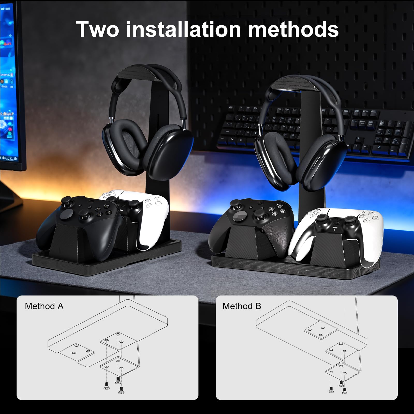 Headset-Ständer mit 2 Controller-Haltern – Massivholz & Metall, Gaming-Kopfhörer-Halter für Schalter, Controller und Schreibtischzubehör (schwarz)