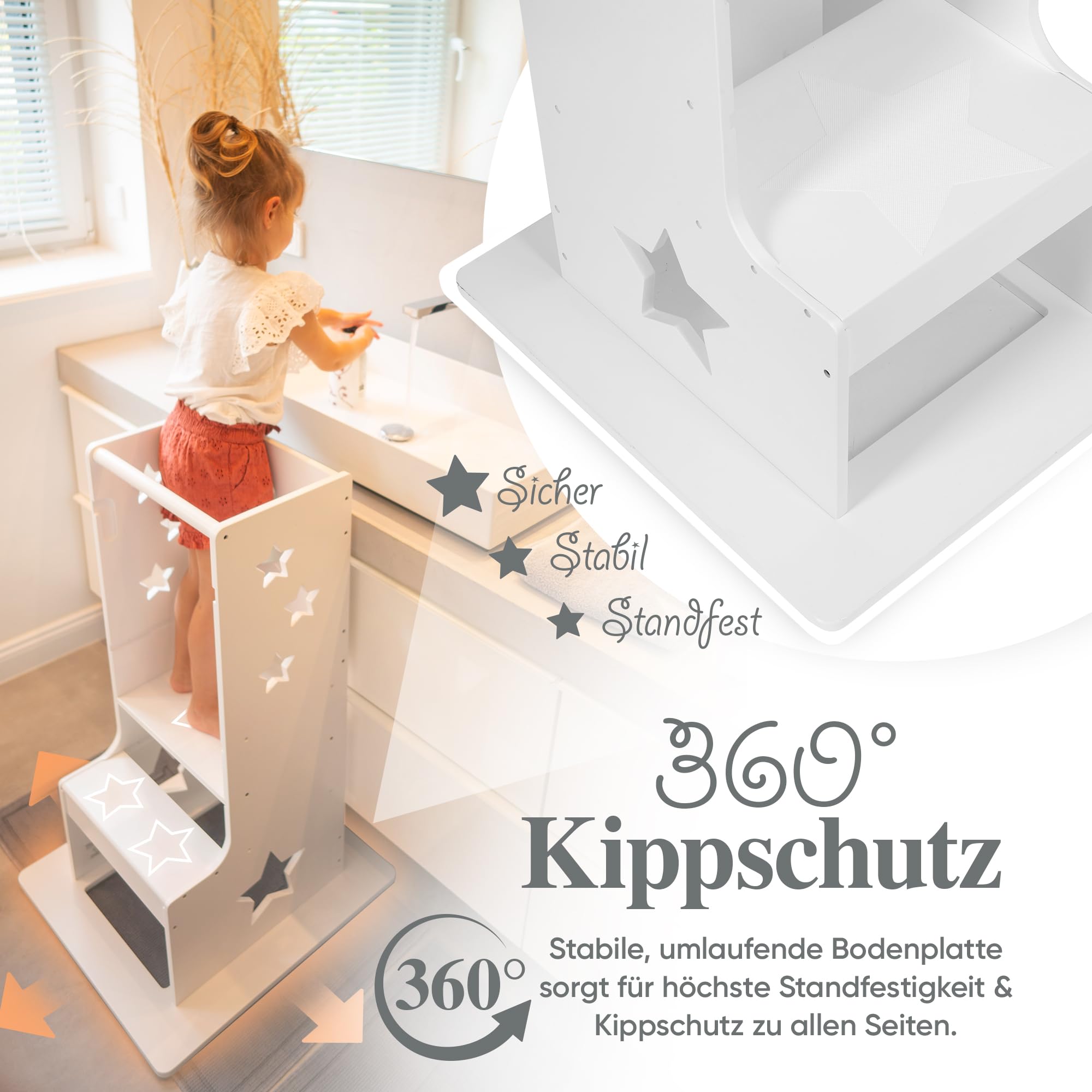 Kids Woody Star® Lernturm ab 1 Jahr [360° KIPPSCHUTZ] Höhenverstellbar Learning Tower Lernturm Montessori | Tritthocker Kinder | Schemel Lernstuhl Lerntower | Holz/Weiß