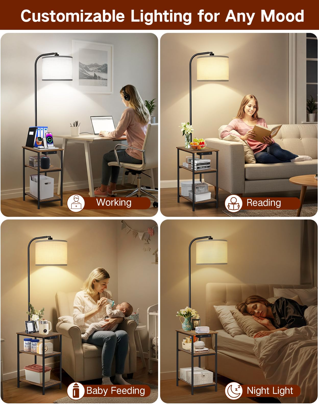 Stehlampe mit Tisch & Regal, Dimmbar LED mit Fernbedienung, 3 Farbtemperaturen, Beistelltisch mit USB-Ladefunktion für Wohnzimmer Schlafzimmer Büro