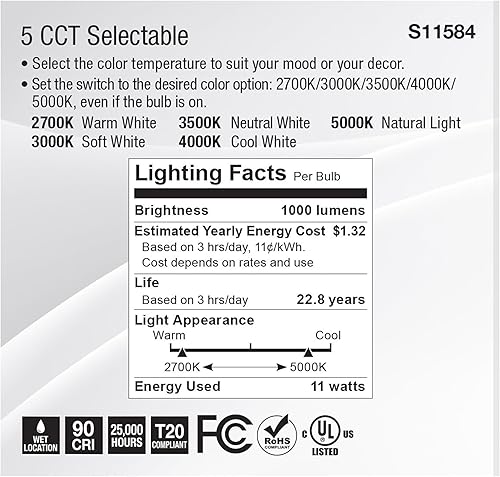 Miniatura 6 de Satco S11584 LED PAR30SN de 11 vatios base media acabado plateado CCT seleccionable 120 voltios ángulo de haz de 60 grados 11PAR30SNLED5CCTWFL120V