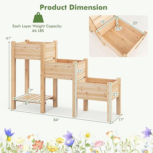 Miniatura 7 de COSTWAY Cama de jardín elevada, soporte elevado de madera de 3 niveles con estante abierto y agujeros de drenaje, cajas de plantación de cama de