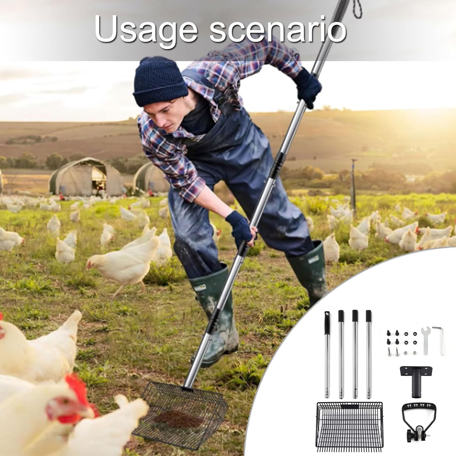 4 Section Extended Handle Chicken Poop Scooper Stainless Steel Scoops for Waste Feathered Removal Cats Litter Stainless Steel Poops Scoops