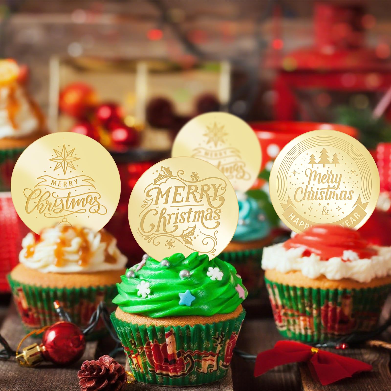 URROMA 30Pcs Merry Christmas Cupcake Toppers, 6 Designs Golden Round Acrylic Cupcake Charms - Image 3