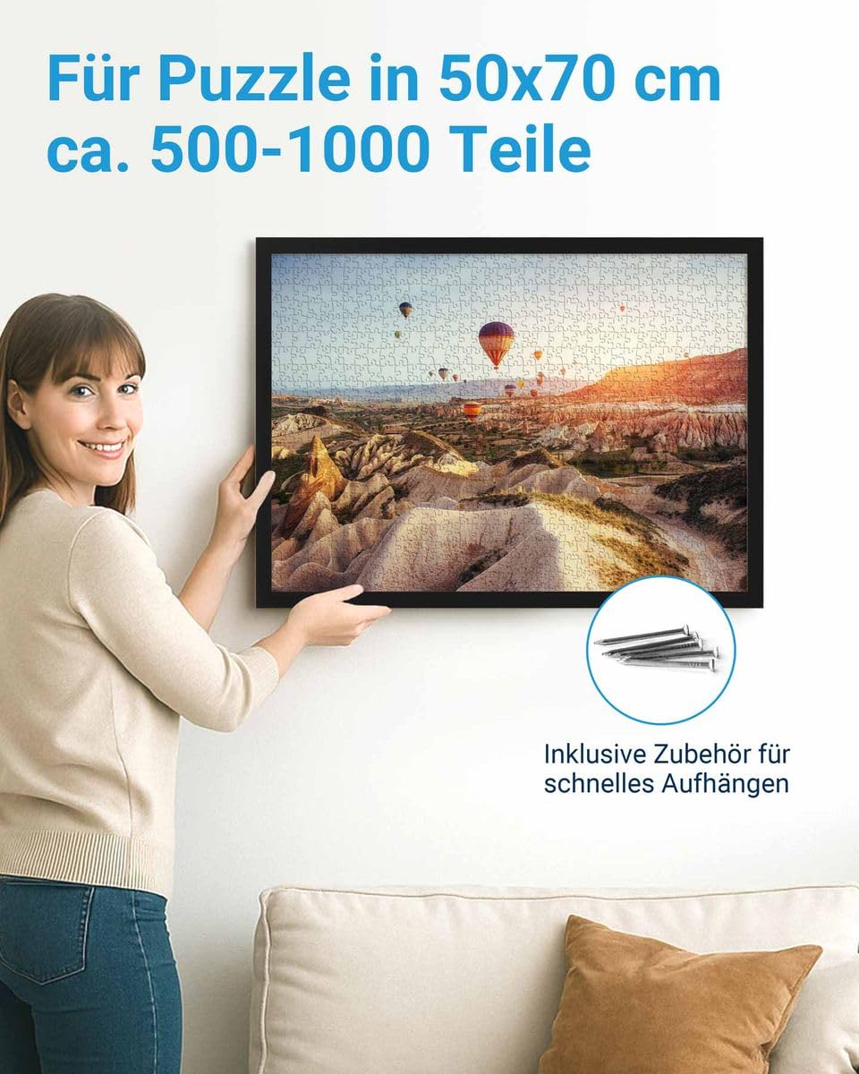 PHOTOLINI Bilderrahmen 50x70 Schwarz, Puzzle Rahmen 70x50 Holz MDF mit Acrylglas, Bilderrahmen Puzzle 1000 Teile 50x70 zum Aufhängen, Puzzlerahmen 500-1000 Teile - ideal für Galerie