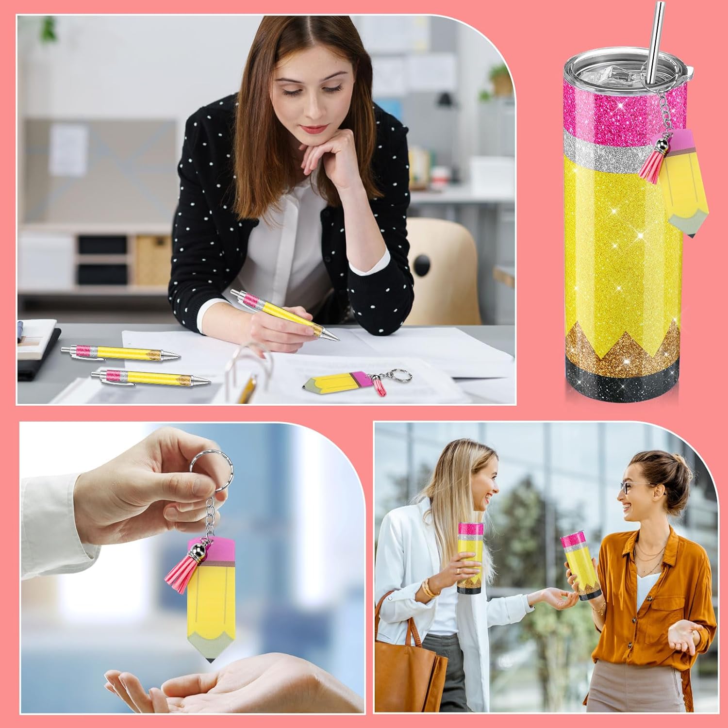 Skylety 12 Pcs Valentines Teacher Gift Bulk 4 Sets Cute Teacher Appreciation Gifts 20 oz Glitter Pencil Stainless Steel Tumbler Keychain Ballpoint Set for Thank You Educator - Image 5