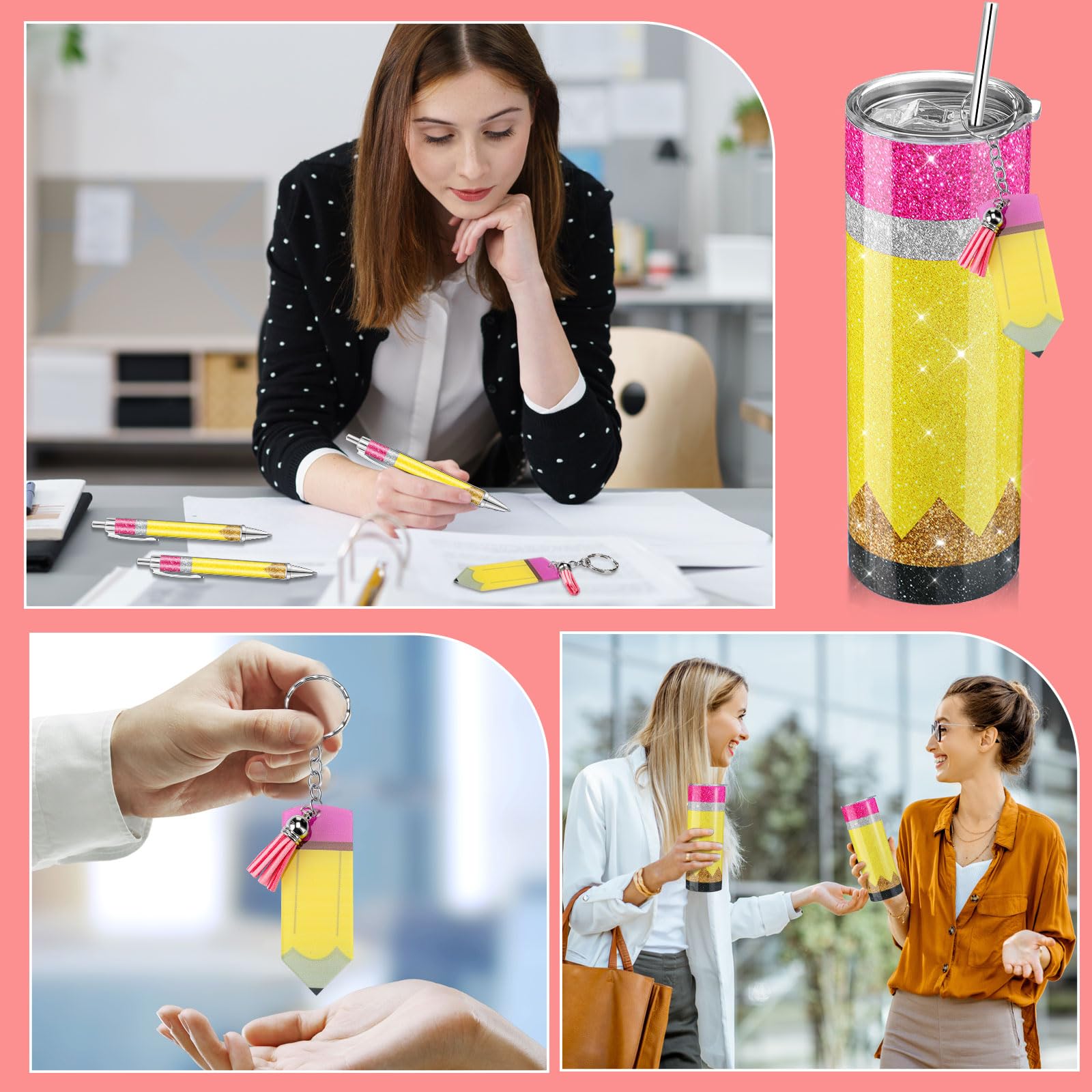 Skylety 12 pezzi regali di apprezzamento di Natale regali per insegnanti 590 ml matita glitter bicchiere tazza in acciaio inox matita portachiavi stile matita penna glitter per insegnanti di Natale