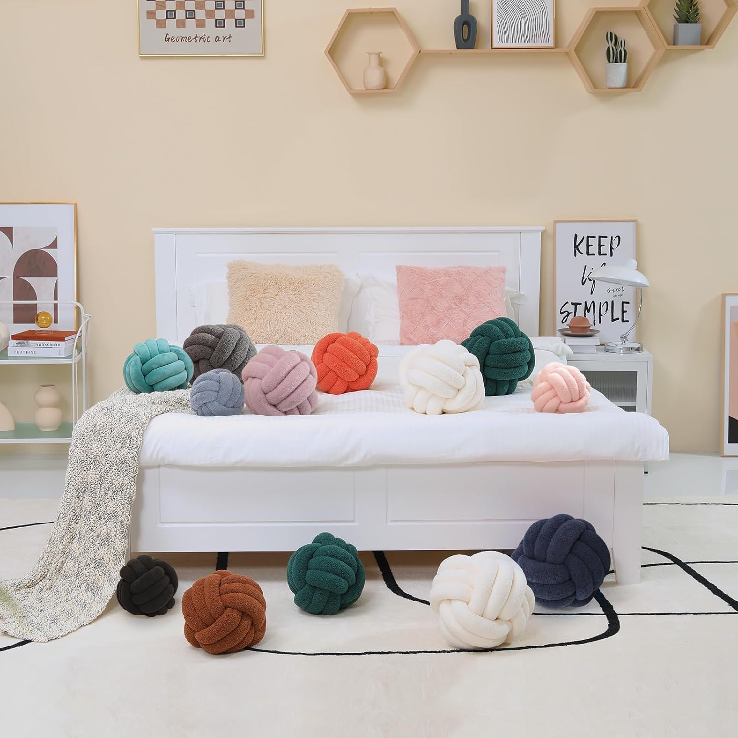 Knot Pillow Balls, Round Ball Pillows Decorative Throw Pillows, Soft Plush Knotted Pillows Home Decoration for Sofa Bed Couch Handmade Knotted Ball Throw Pillow Cushion - Ivory 7.87 inch