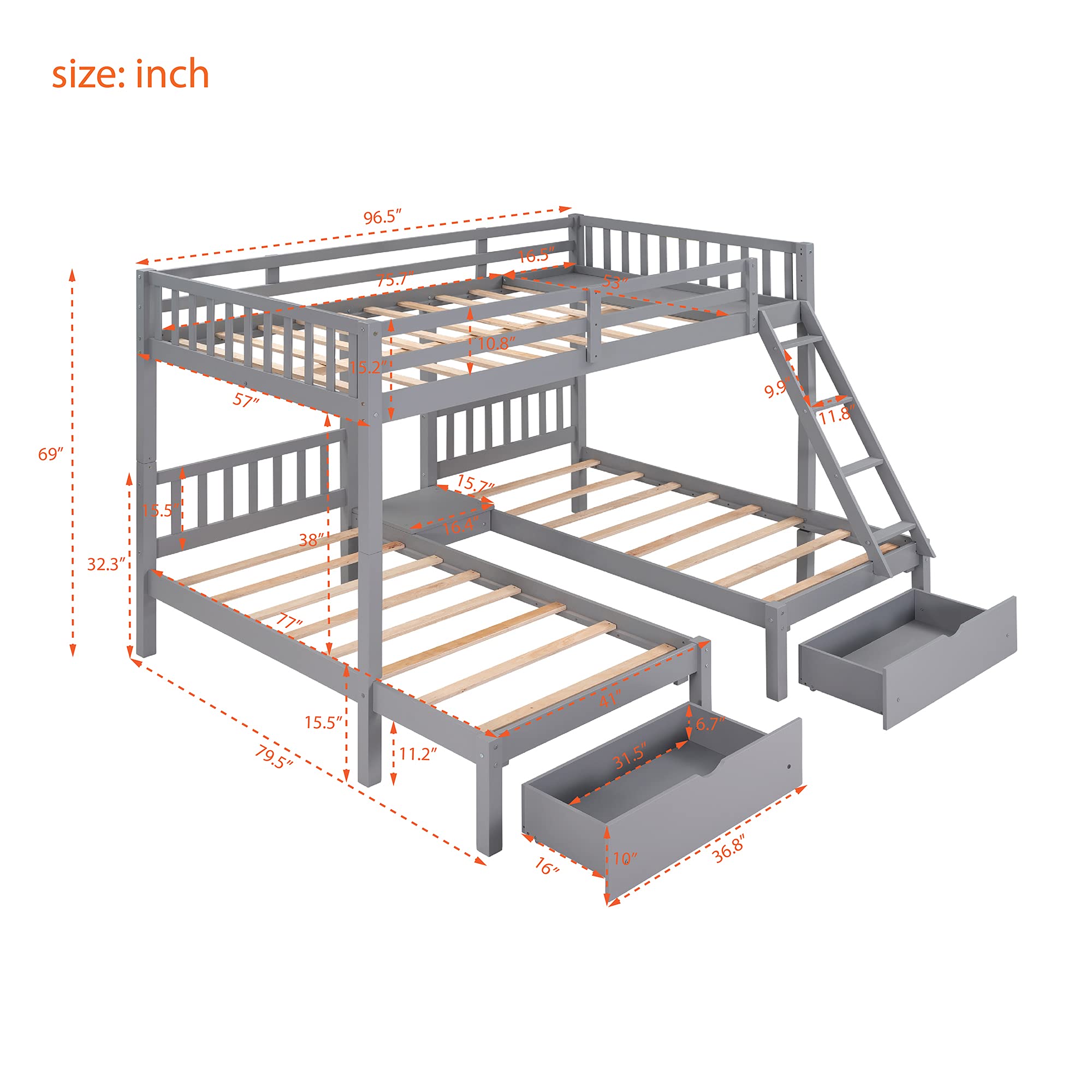 Buy Wood Triple Bunk Bed with 3 Drawers and Guardrails, Full Over 2 Twin Bunk Bed for Family