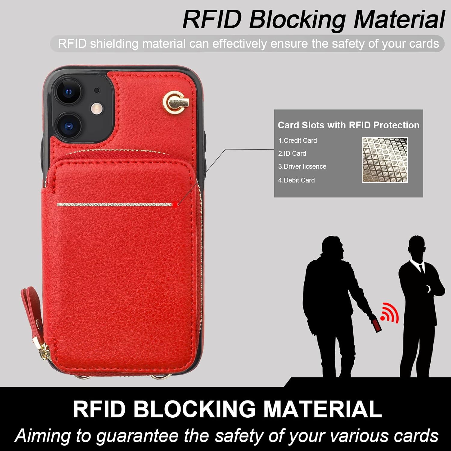 Bocasal Crossbody Wallet Case for iPhone 11, RFID Blocking Leather Purse Case with Card Holder, Protective Handbag Flip Cover with Zipper Wrist Strap Lanyard for Women 6.1 Inch (Red)