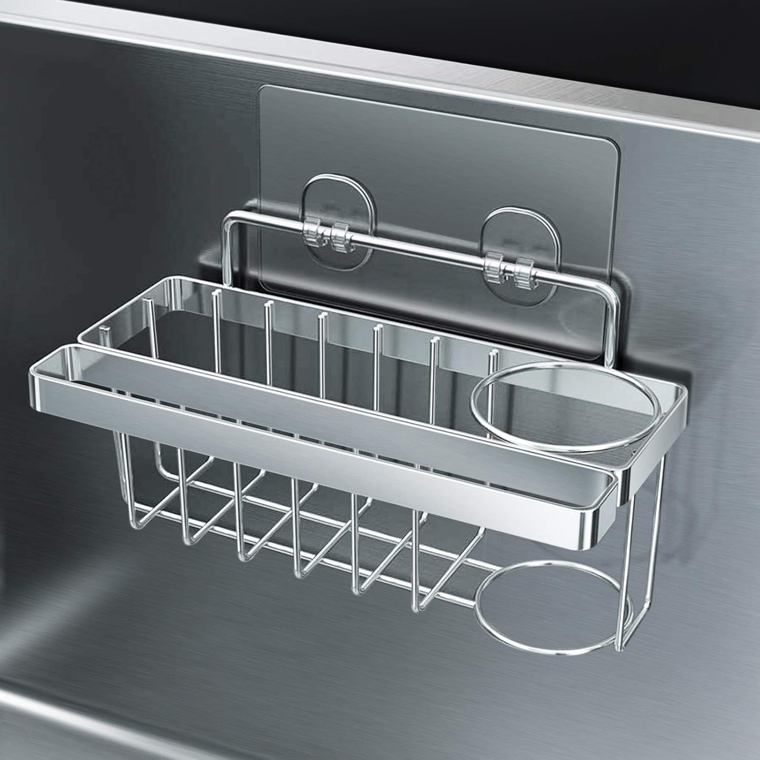 ODesign Sink Rag Holder, Kitchen Sink Caddy Organizer Sponge Holder 3-in-1 Adhesive Brush Scrub Dishcloth Rack Hanger Storage Stainless Steel No Drilling - Rust Proof