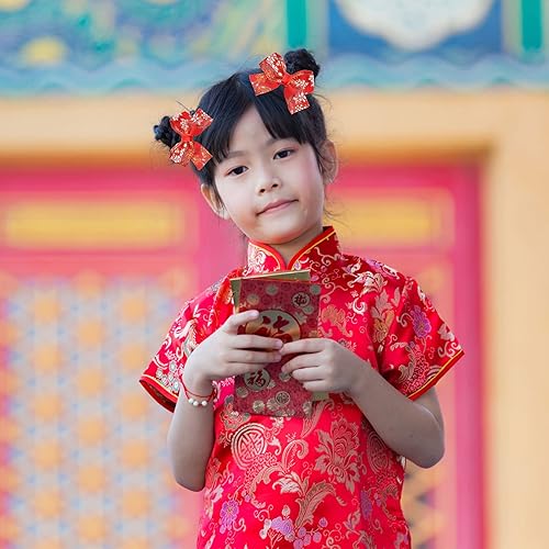 Miniatura 5 de Whaline 3 pares de pinzas para el cabello de Año Nuevo, color rojo, chino, para bebés, niñas, lazos bordados, pinzas para el pelo para Navidad,