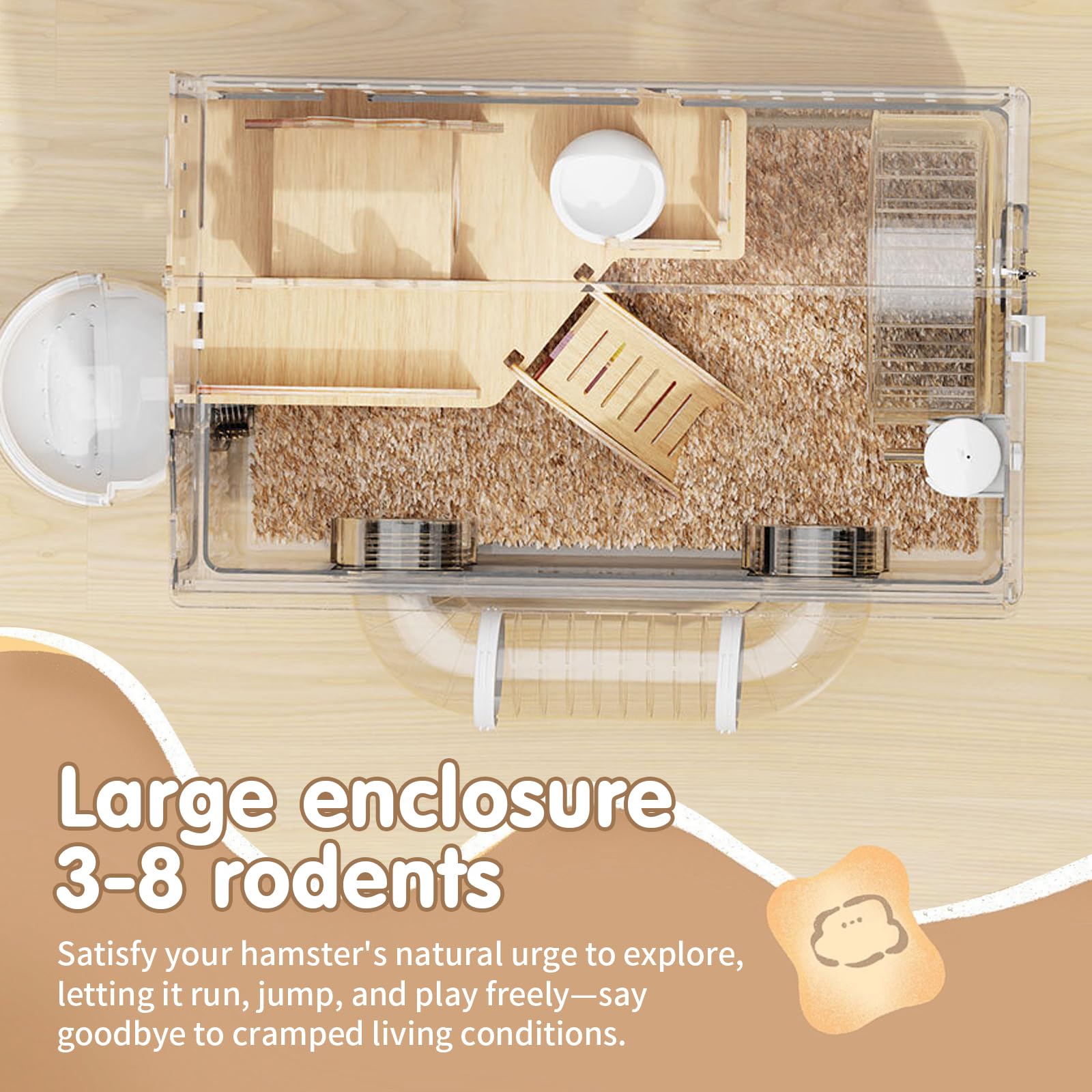 Gabbia per criceti in acrilico con accessori, trasparente gabbia per roditori 45×30×33 cm con ruota, tunnel, casetta in legno, abbeveratoio e ciotola per cibo – Grande gabbia per piccoli animali per