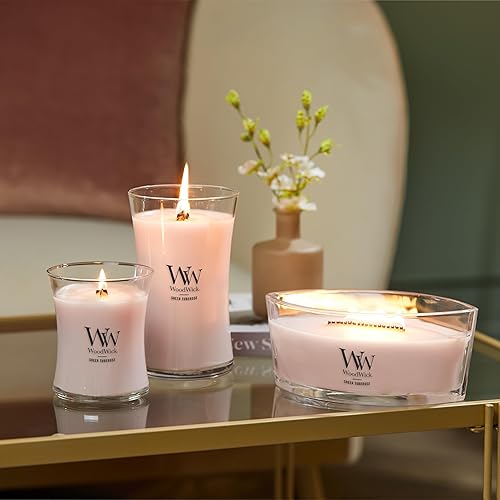 Vista 108 de WoodWick Hinoki Dahlia - Vela mediana en frasco, con forma de reloj de arena, cera de mezcla de soja prémium, mecha de madera Pluswick Innovation