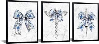 KREATIVE ARTS Blue and White Porcelain Medical Canvas Wall Art Black Frame Stethoscope Syringe Winged Medical Symbol Prints Chinese Style Decor for Nurse Doctor Office Clinic Hospital 12x16 Inches Set of 3