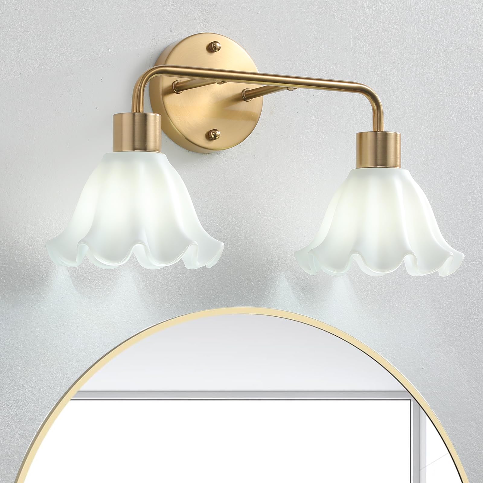 vivihobb 2 Light Gold Brass Bathroom Light Fixture,Brush Gold Vanity Lighting Over Mirror,Cute Milk White Glass Flower Lampshade,E26 Socket(Bulbs Not Included)