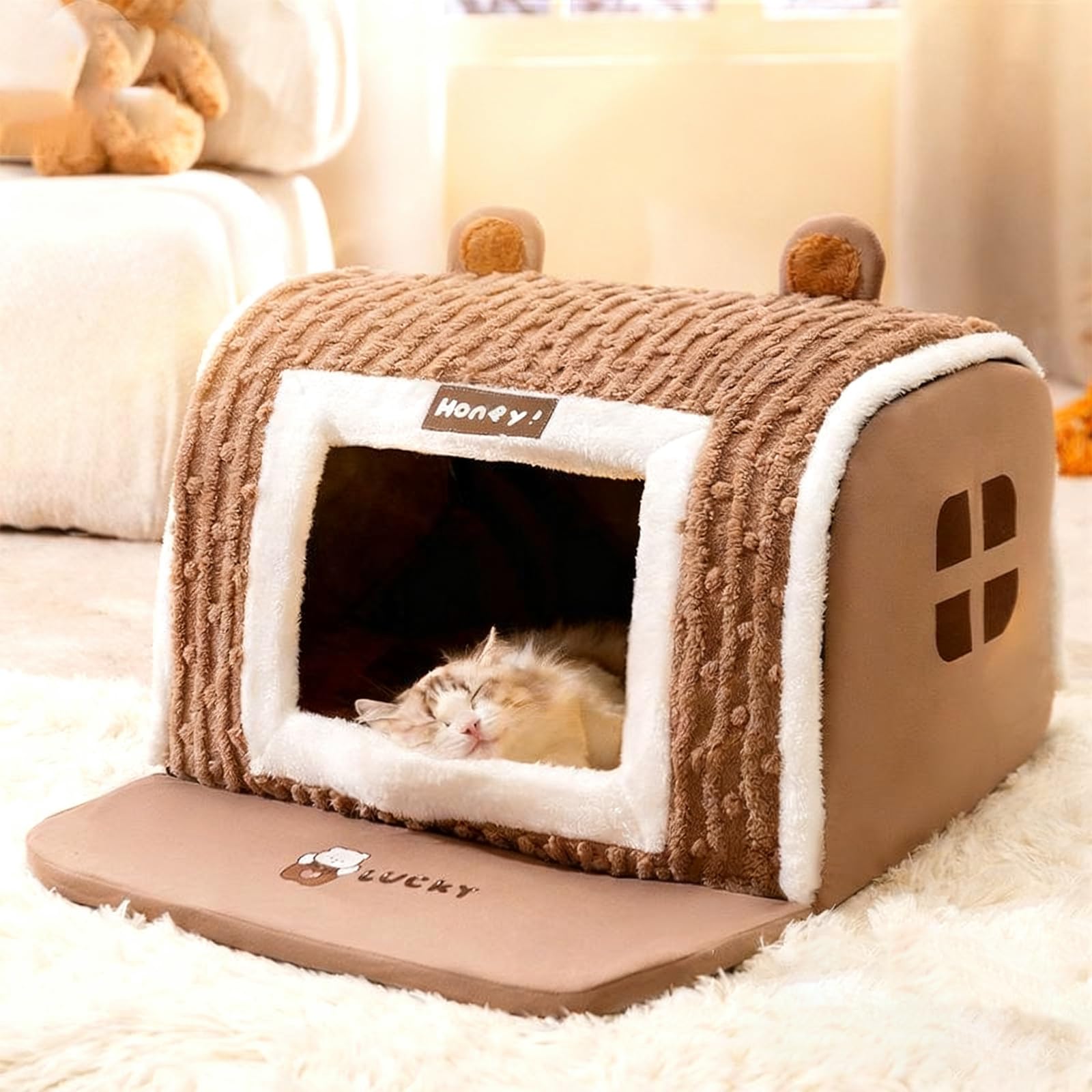 PETCUTE Cat Cave Bed Igloo, Cozy Cat Tent House Igloo with Cute Ears,Foldable Pet House with Removable Washable Pillow Cushion,Non-slip Bottom,for Kitten and Small Cats or Dogs Animals,Brown,L