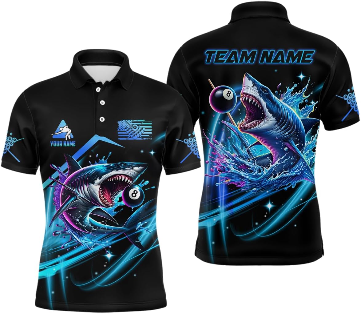 Blue 8 Ball Pool Billiard Shark Polo & Quarter Zip for Men Womn Custom Team League Billiard Jersey