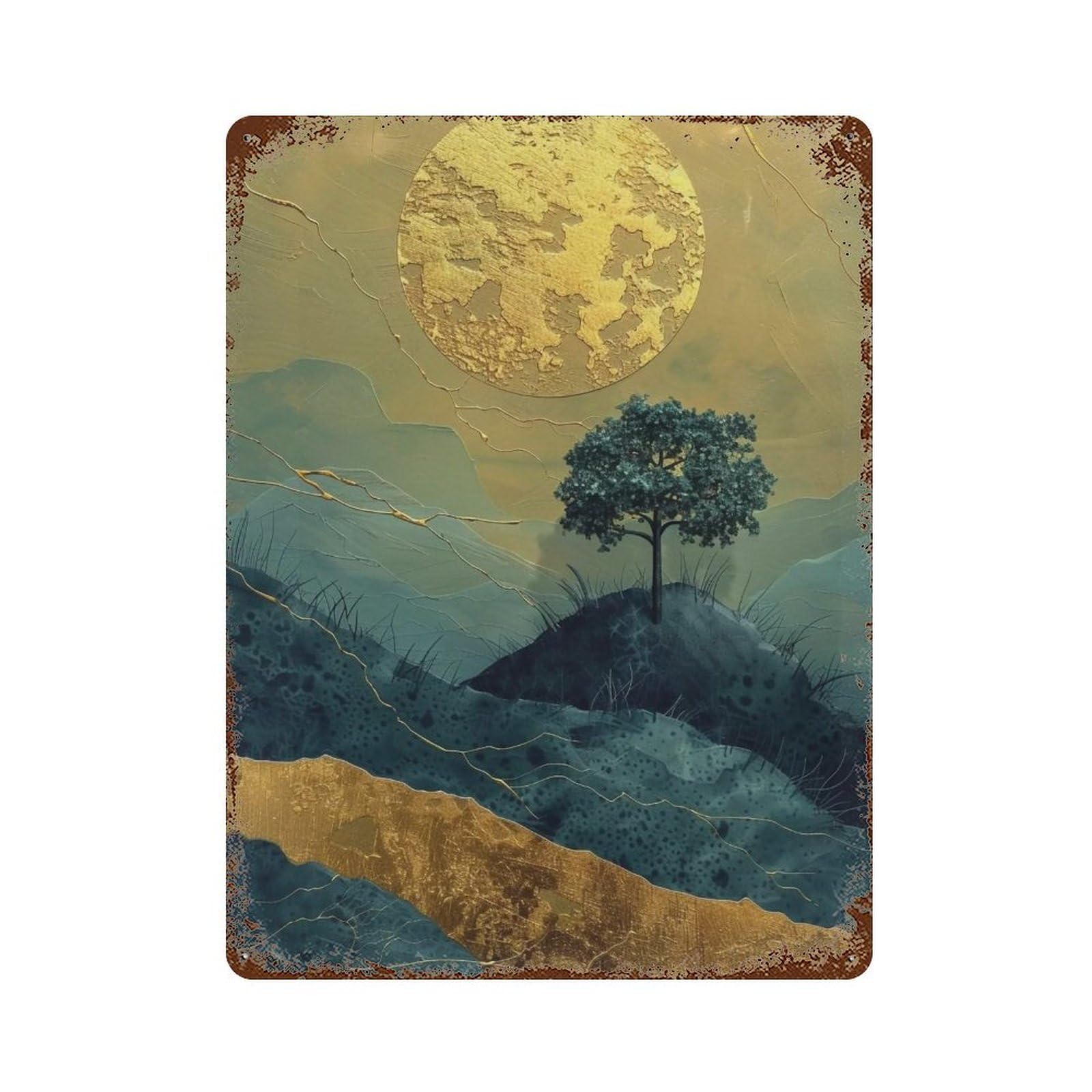 Wujhgrsg Style Teal Layered Papercut Gilded Moon Mountain Forest 02 Wall Art Retro Iron Vintage Metal Tin Sign Poster Modern Decor For Home Cofffee Club Bar Shop 40X30cm
