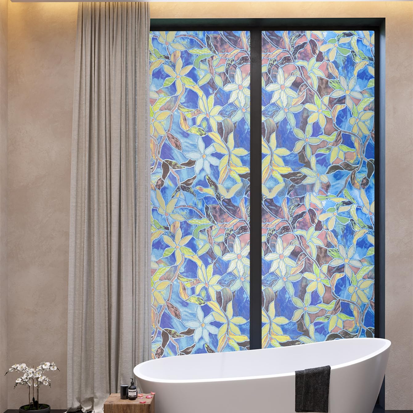 Vitrail Maîtrise Des Vitraux Colocalisés, 17.7x39.4 Fleurs Fleurs De Fenêtre Statique Film D'intimité, UV Sun Bloquant Des Cris De Fenêtre Non Adhésives Pour Les Fenêtres Du Bureau à Domicile