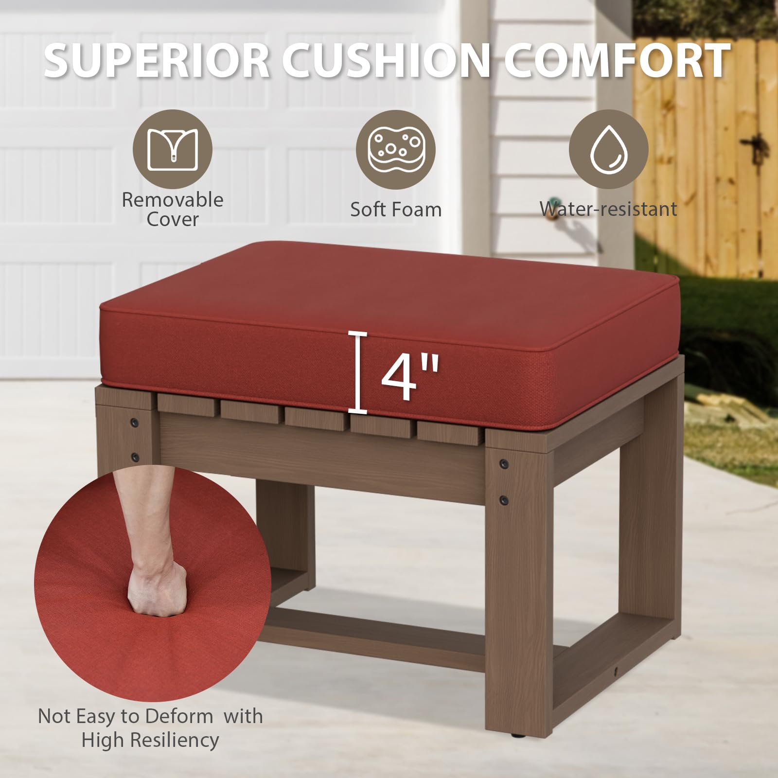 EAGLE PEAK Natural Cedar Outdoor Patio Ottomans with Removable Cushions, Set of 2, Outdoor Real Wood Footrest Contemporary Décor for Deck, Porch, Balcony and Backyard, Brownish/Red