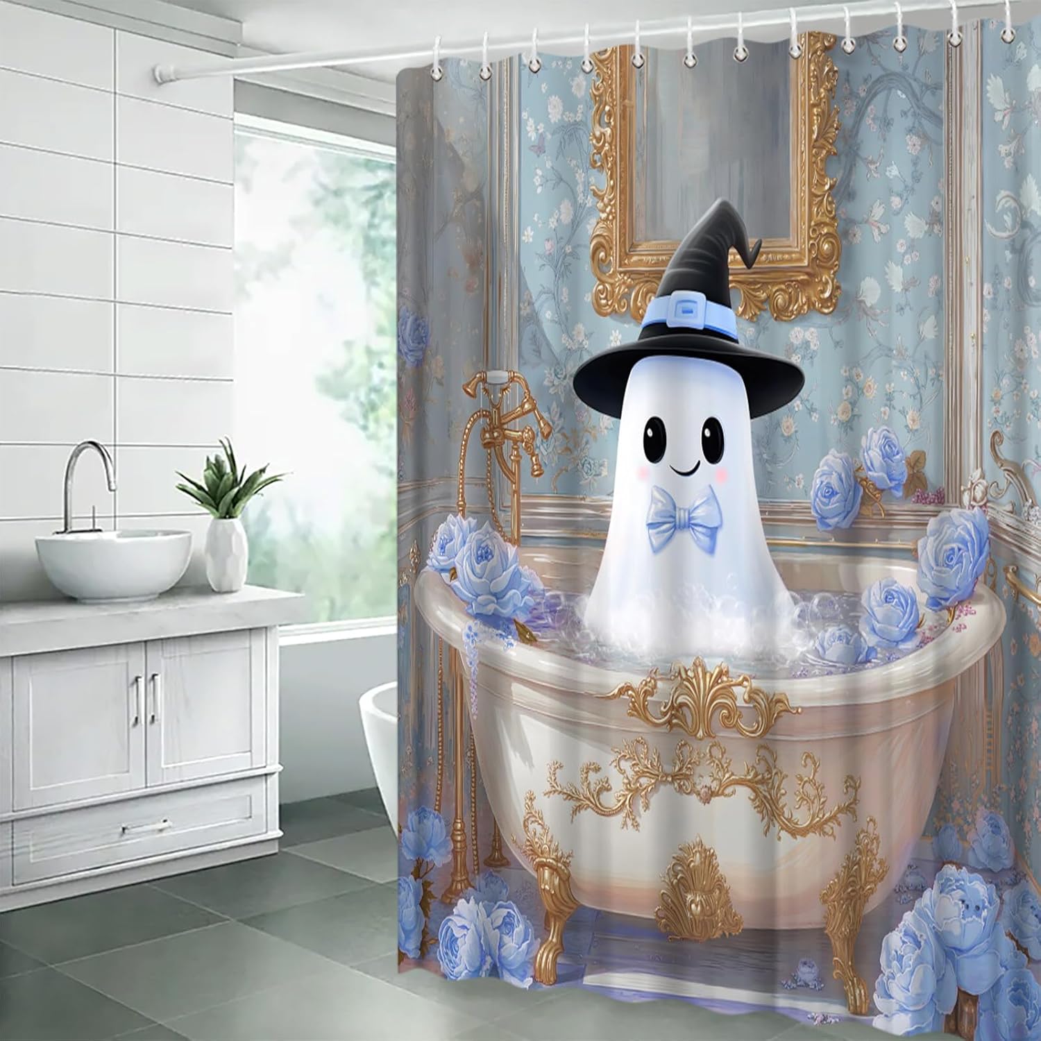 Halloween Shower Curtain Funny Ghost Spooky Take a Bath Creepy Floral Gothic Bathroom Decor Curtain with Hooks,Blue