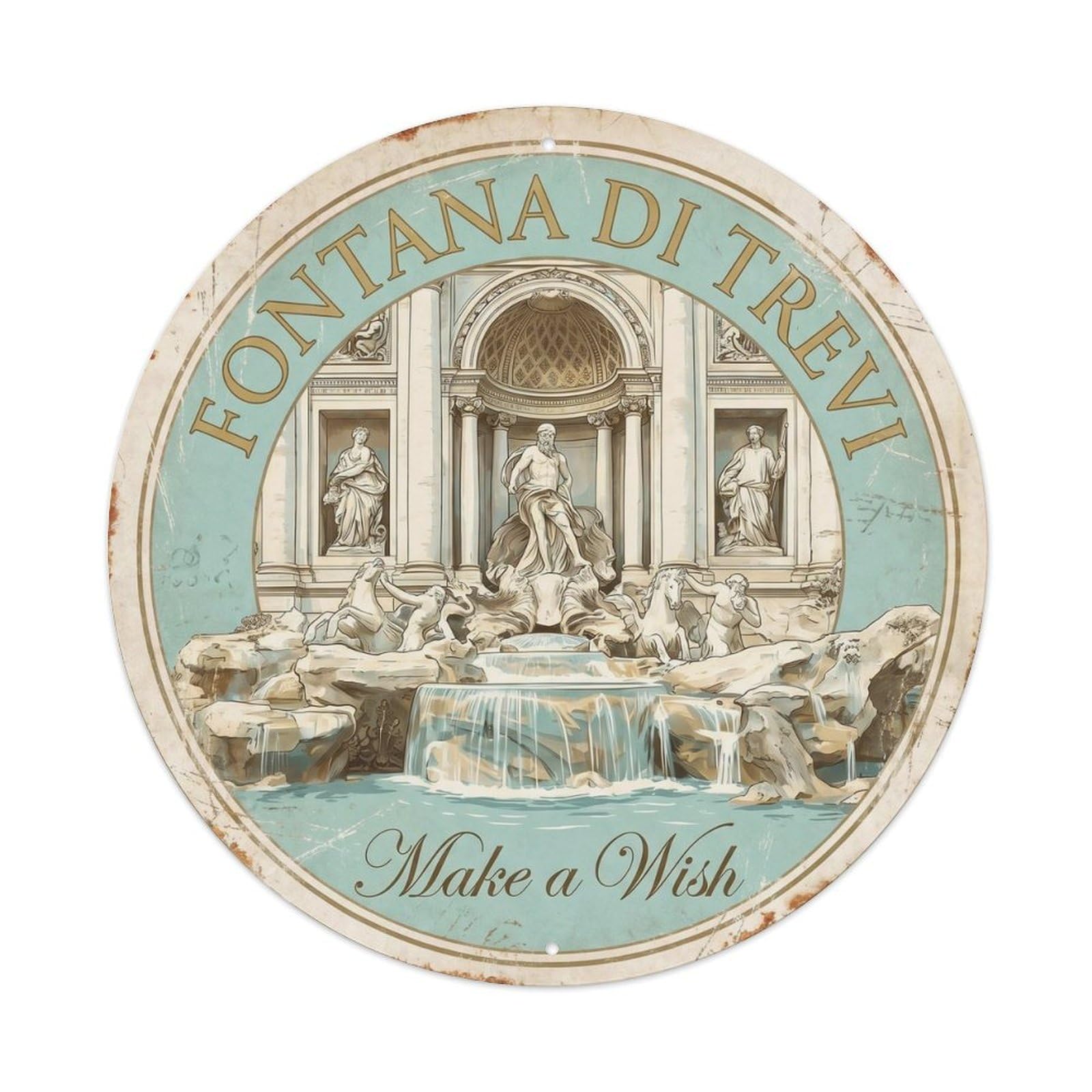 Vintage Travel Trevi Fountain Rome 2 Metal Tin Sign Plaque Wall Decor for Cafe, Club, Garden Round Metal Poster 8x8Inch
