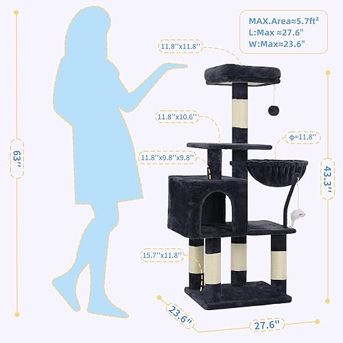 Heybly Cat Tree with Toy — side view showing full product dimensions