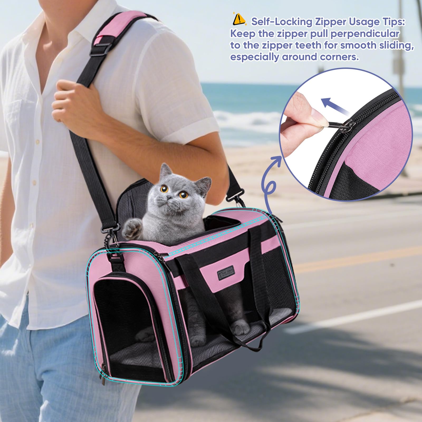 BALEINE Cat Carrier, Puppy Dog Carrier for Small Medium Pets Up to 22 Lbs, Soft-Sided Dog Travel Bag with Safety Zippers, Collapsible Pet Carrying Case (Pink, XL, 19"x12"x12") - image 3