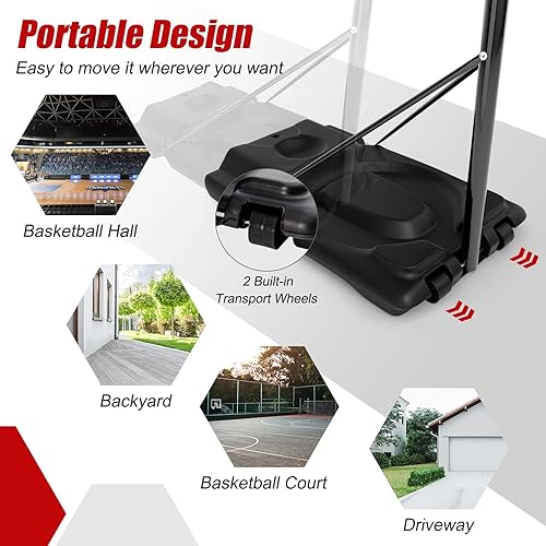 Miniatura 8 de Goplus Aro de baloncesto portátil para exteriores, soporte de baloncesto ajustable de altura de 8.5 a 10 pies con tablero trasero inastillable de 39