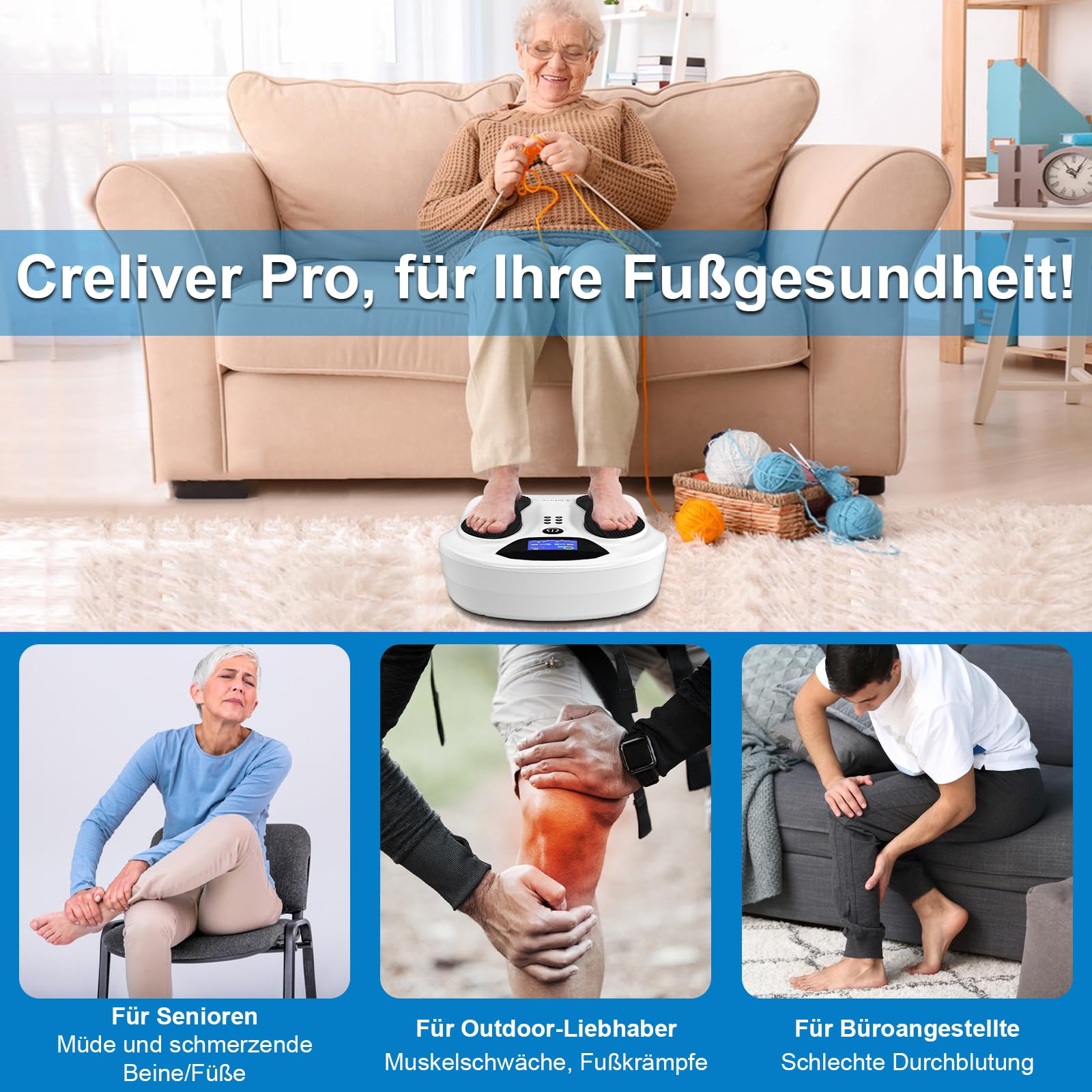 Creliver Medic Pro Durchblutungsstimulator Füße Beine, TENS & EMS Fußmassagegerät, Reduziert Fuß- und Beinschmerzen sowie Schwellungen, Verbessert die Durchblutung