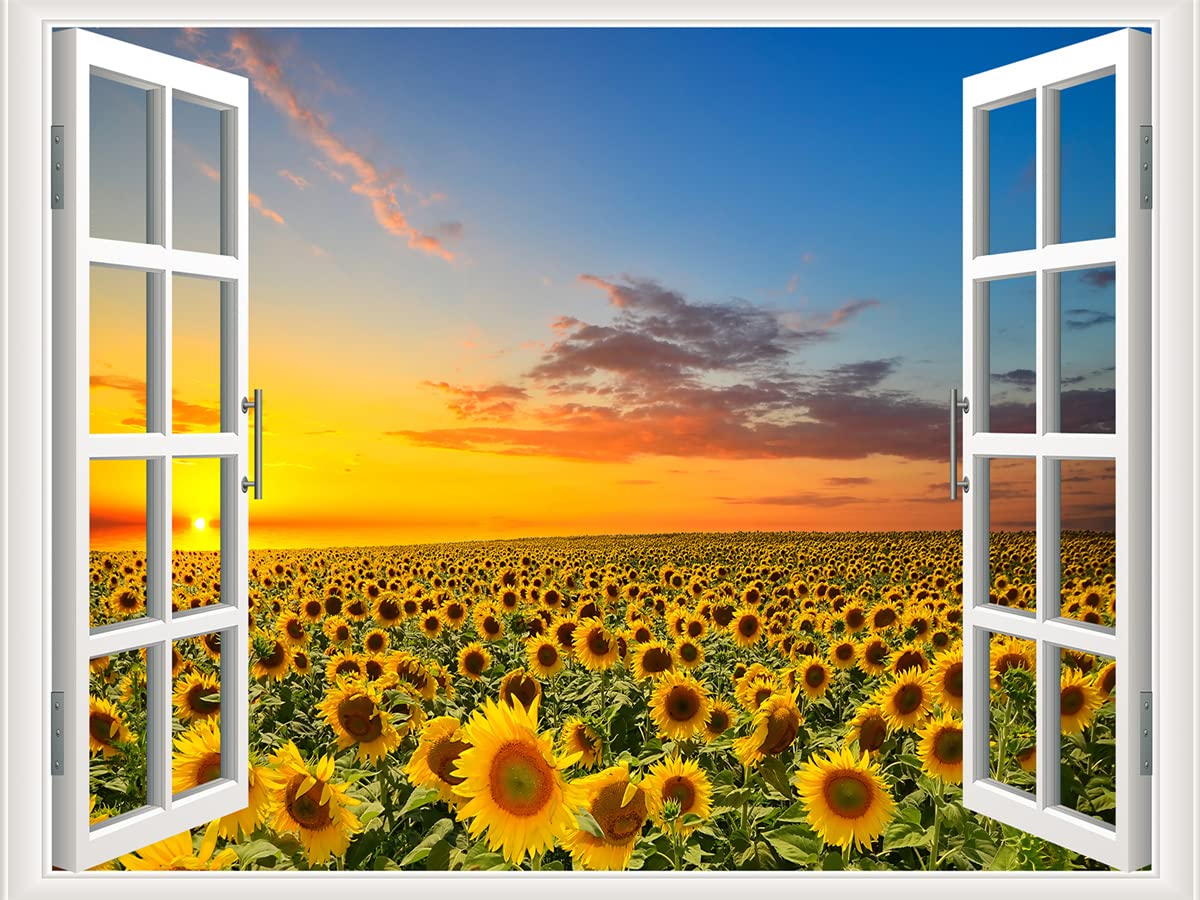 Self-Adhesive Wall Sticker Romantic Living Room Bedroom Study Office Decorative Wall Sticker Ocean Scenery Fake Window Sticker Mural (17.3"×27.6", Sunflower)