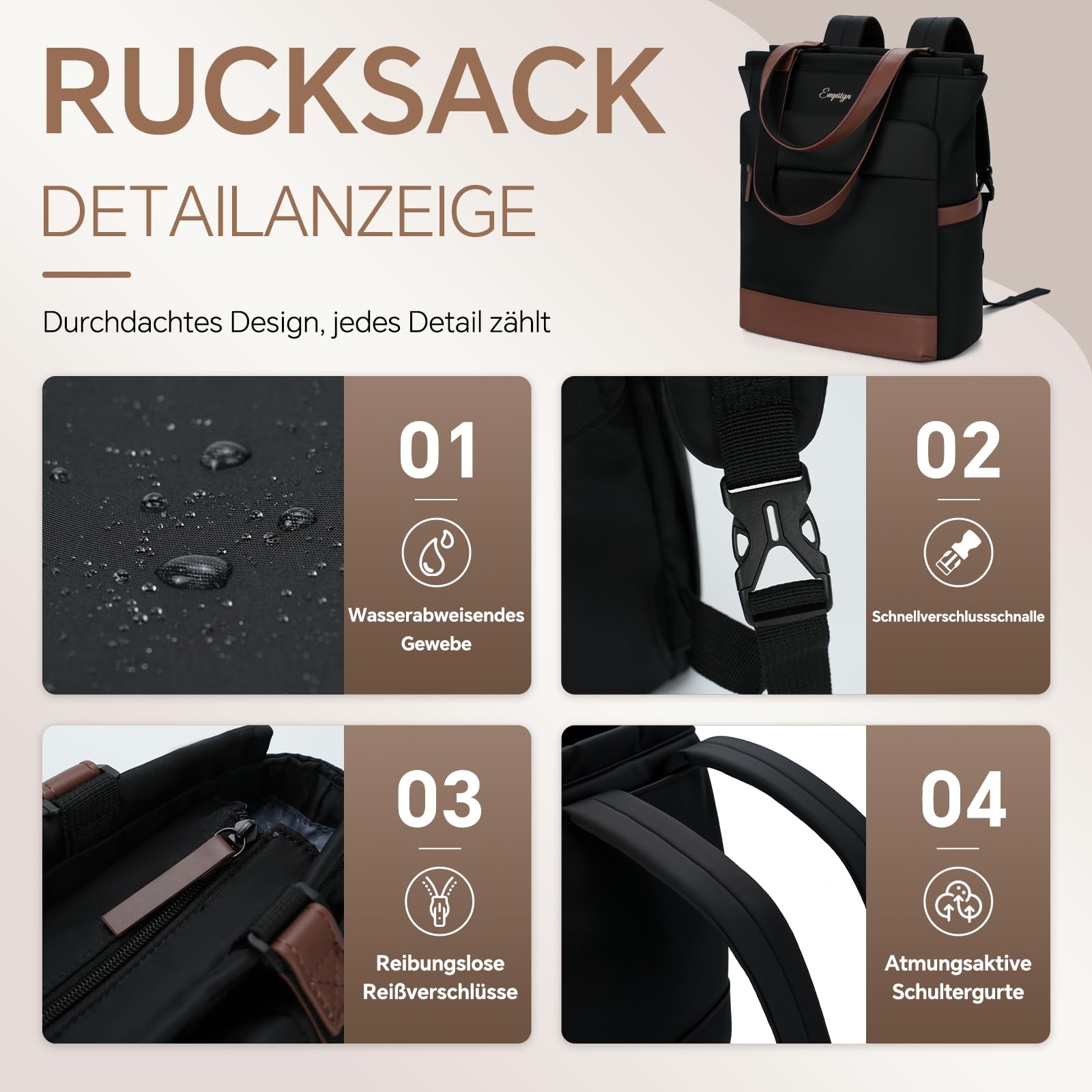 EMPSIGN Laptop-Rucksack Damen 15.6 Zoll Convertible Tasche für Büro