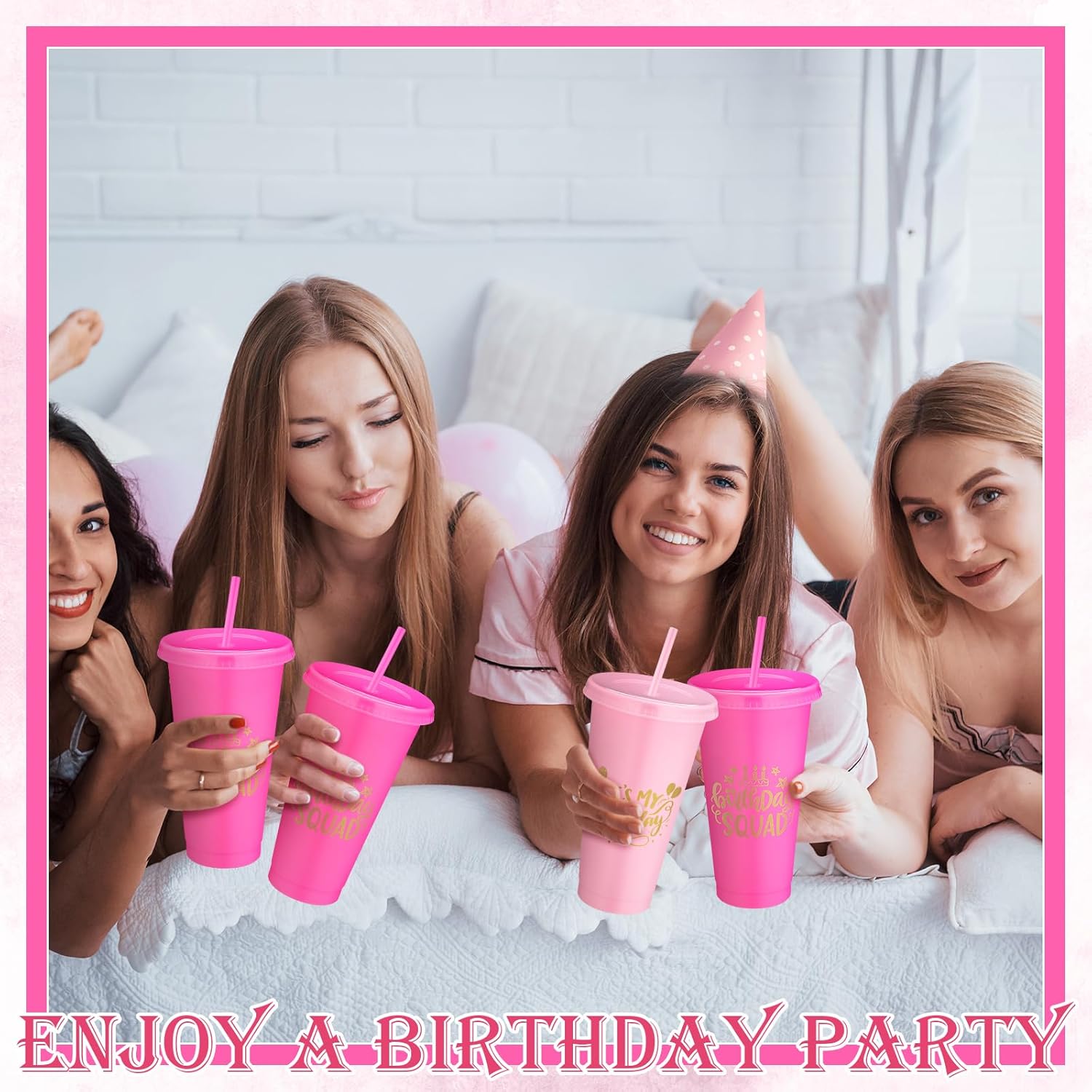 Birthday Party Tumblers 24 oz Squad Plastic Tumblers with Lid and Straw for 20th 30th 40th 50th 60th Birthday Decorations Favor for Women Adults (Pink, Rose Red,12 Pcs) - Image 7