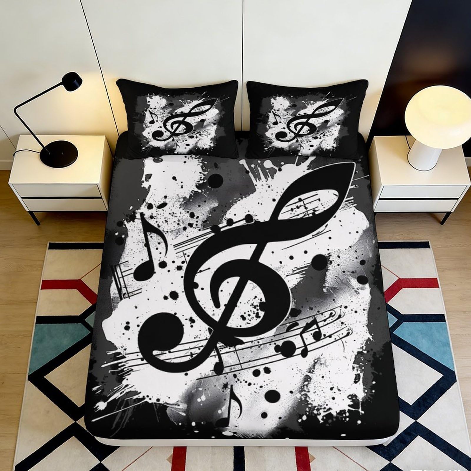 3D Printed Music Note Fitted Sheet Microfiber Black White Artistic Splash Mattress Cover for Bedroom Dorm Decor 200x200x25cm
