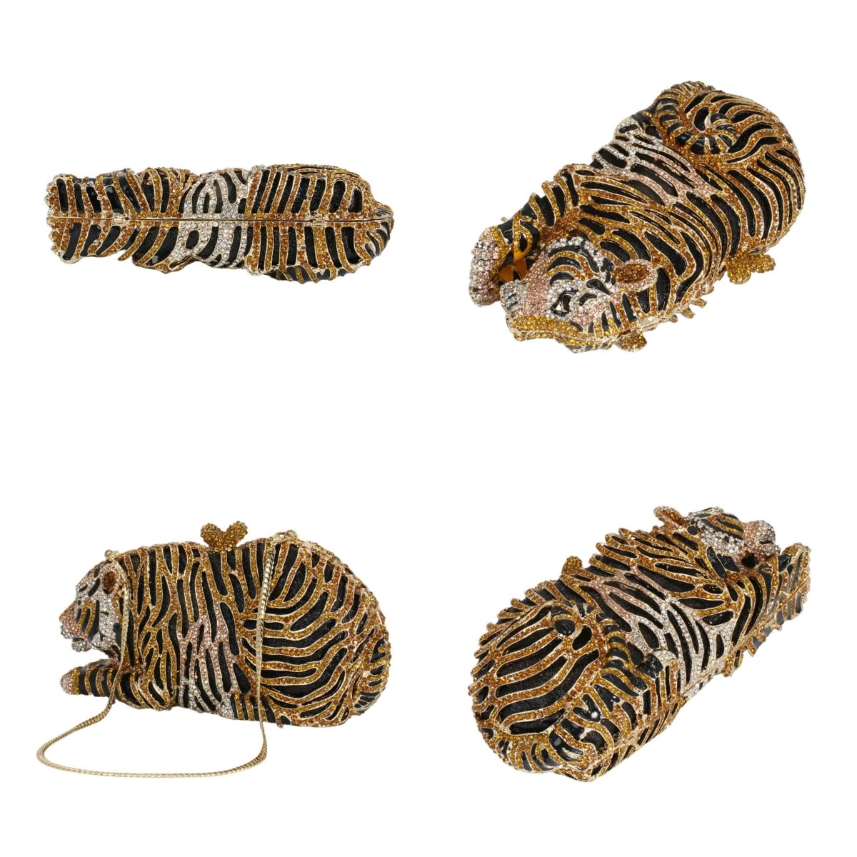 Bolso de mano con forma de tigre para mujer, con diamantes de imitación, para fiesta de graduación, Oro