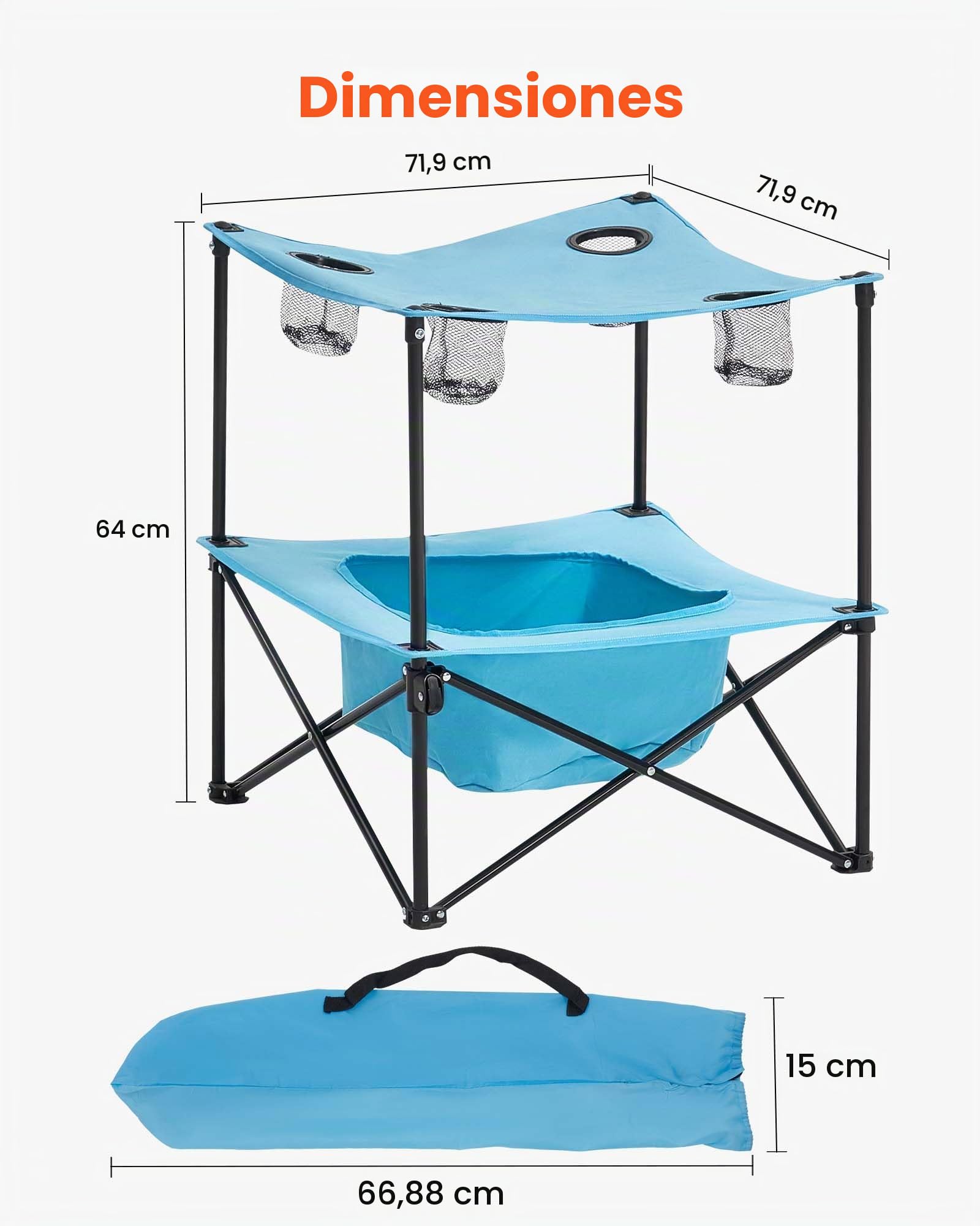 VEVOR Mesa de Camping Plegable Portátil y Ligera, para Exteriores, de Lona Oxford 600D, Impermeable, para Playa, con 4 Portavasos y Bolsa de Transporte, para Picnics, 560 x 560 x 640 mm, Azul
