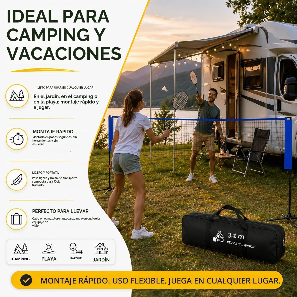 Red de bádminton plegable de 3,1 m, con soporte ajustable en altura de 107/105/150 cm y bolsa de transporte, red deportiva para voleibol, tenis, voleibol o playa, red de nailon, fácil de montar y