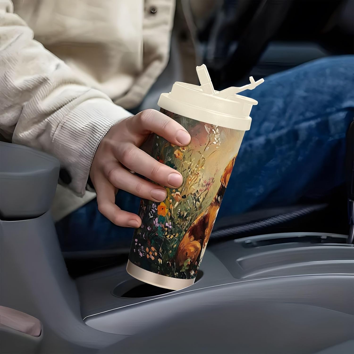 Dog Sit Garden Cute Insulated Coffee Mug with Straw & Flip Lid, 16.9oz Iced Tumbler Cup, Double Wall Vacuum Mug for Travel Office