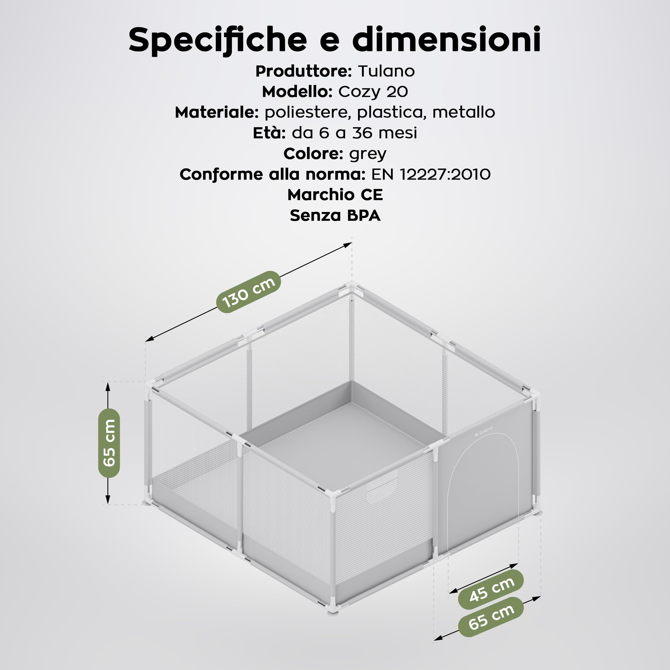 Tulano Cozy 20 Box per Bambini 130x130 cm - 6-36 mesi – Recinto Neonato con Fondo – Struttura in Metallo – Rete Traspirante – Porta con Cerniera – Borsa Inclusa – Casa e Giardino - Grigio