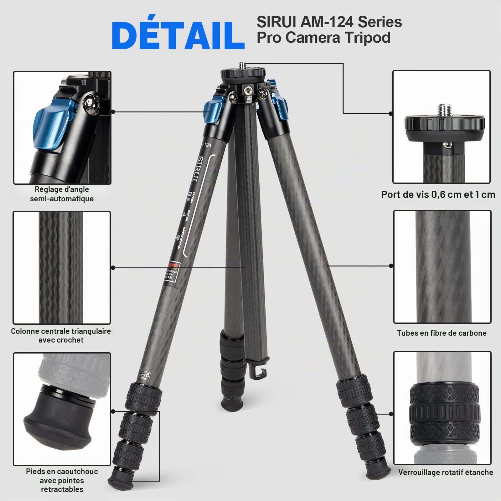 SIRUI Kit de trépied en Fibre de Carbone AM-124+AM-01 avec Colonne Centrale Triangulaire, serrures de Jambe étanches, tête Fluide pour vidéo, pour Filmer, vidéographie, capacité de Charge de 12 kg