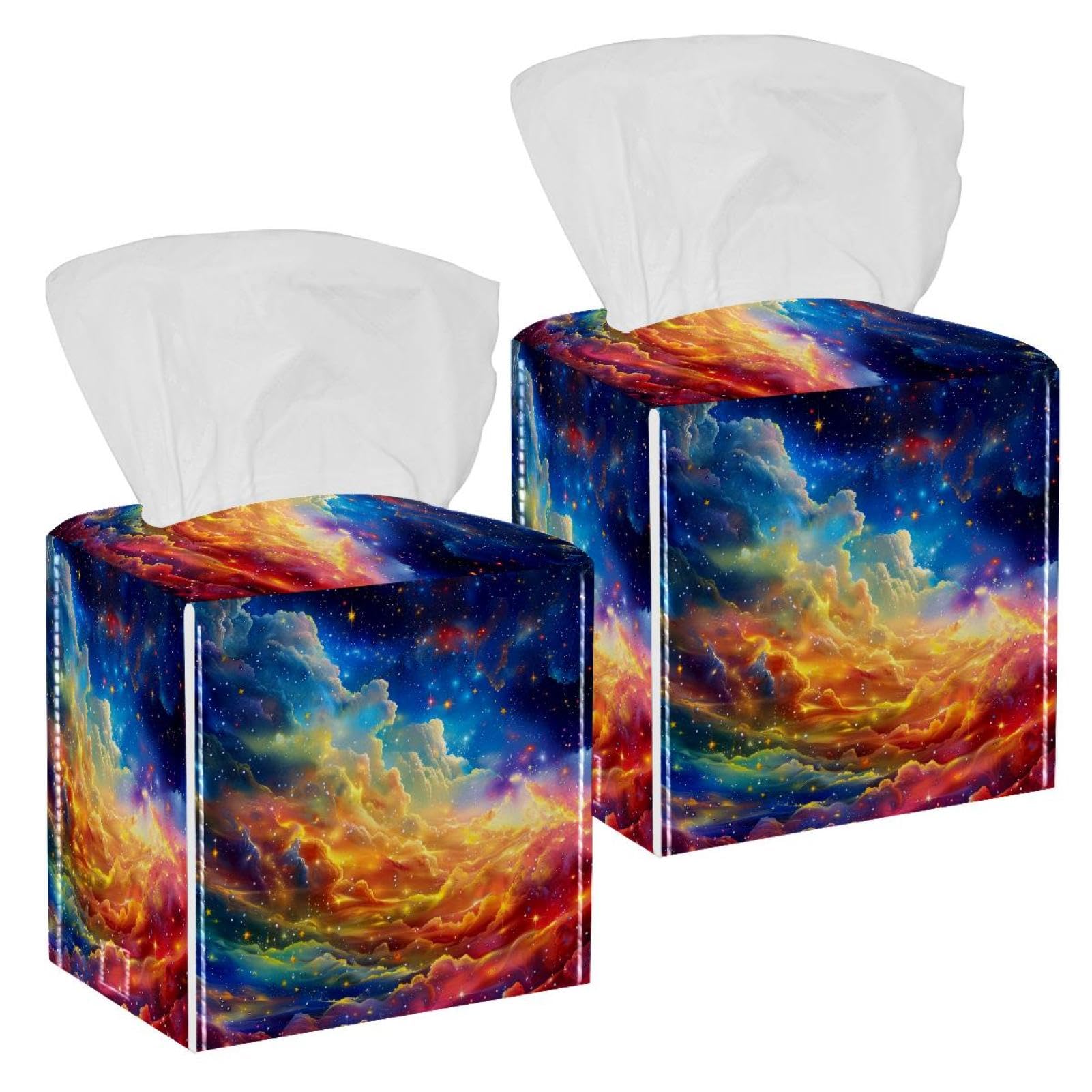 Colorful Nebula Tissue Box Cover, 2 Pack PU Leather Square Facial Tissue Dispenser Box holder for Home Office Car